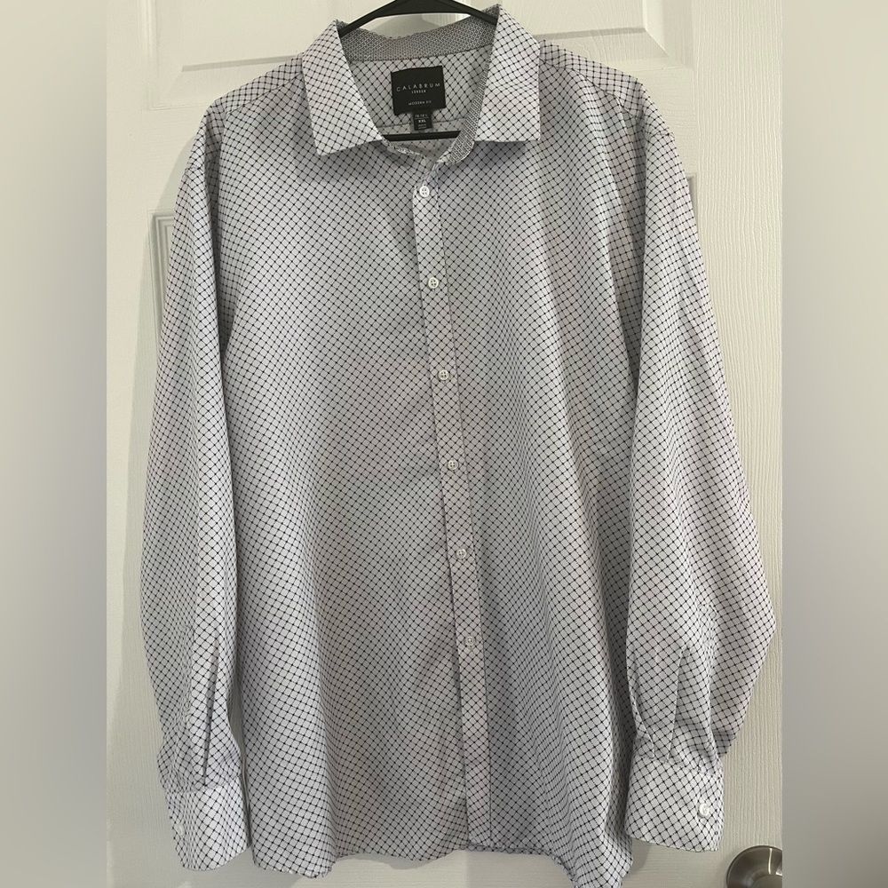 Calabrum London Men’s Dress Shirt White Black Geometric Pattern Size 18-18.5 XXL